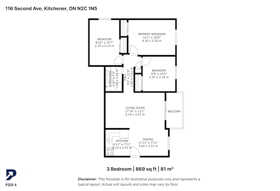 A black and white diagram of a 3 bedroom, 80 square meter apartment.