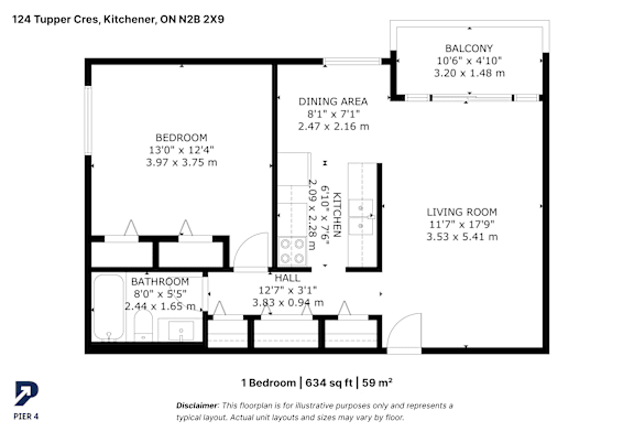 A floor plan for a 1 bedroom, 634 sq ft, 59 m2 apartment.