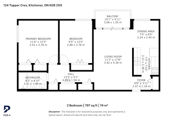 A black and white image of a floor plan for a 2 bedroom apartment.