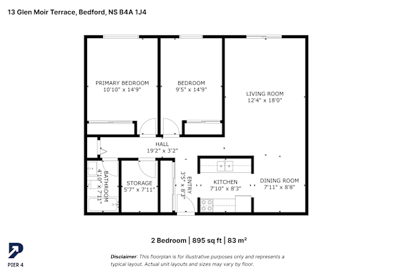 A black and white image of a floor plan for a two bedroom apartment.