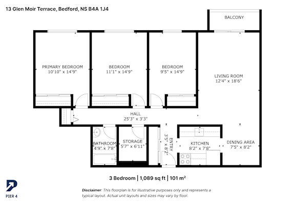 A black and white image of a floor plan for a 3 bedroom apartment.