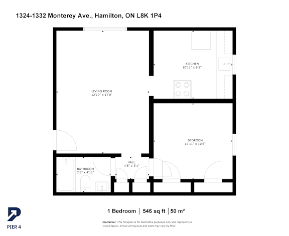 A black and white image of a floor plan for a one bedroom apartment.