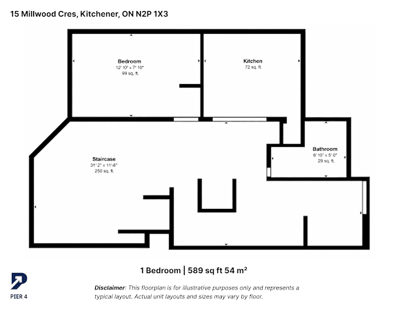 A floor plan of a 1 bedroom, 589 sq ft 54 m2 apartment.