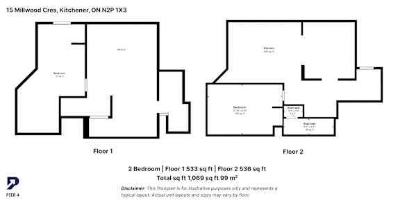 A floor plan for a two-story home with two bedrooms and a kitchen.