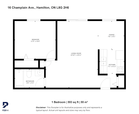 A floor plan for a 1 bedroom apartment at 16 Champlain Ave, Hamilton, ON L8G 2H6.