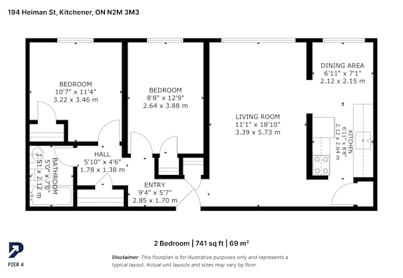 A black and white image of a floor plan for a two bedroom apartment.