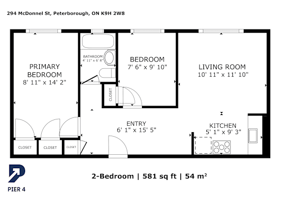A floor plan for a 2-bedroom apartment at Pier 4.