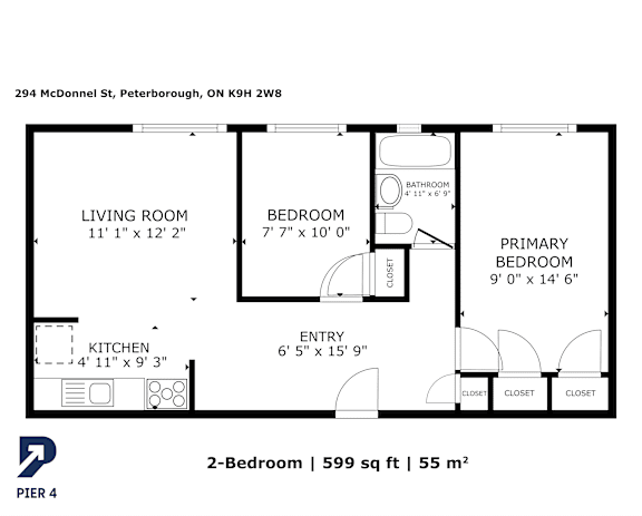 A black and white image of a floor plan for a 2-bedroom apartment.