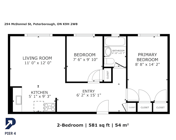 A floor plan for a 2-bedroom apartment at 294 McDonnel St, Peterborough, ON K9H 2W8.