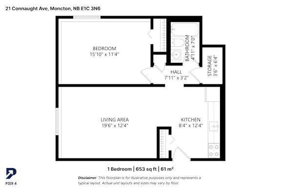 A floor plan for a one bedroom apartment measuring 653 sq ft (61 m2).