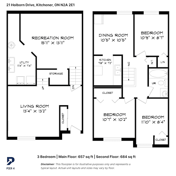 A floor plan for a 3 bedroom home with a living room, dining room, kitchen, and two bedrooms.