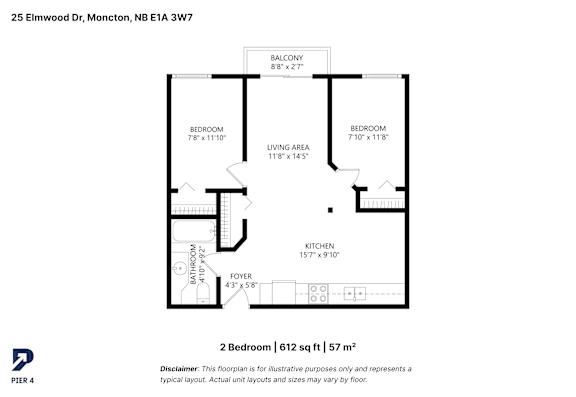 A black and white diagram of a 2 bedroom apartment.