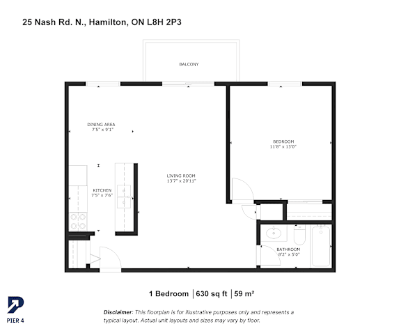 A floor plan for a 1 bedroom apartment at 25 Nash Rd. N., Hamilton, ON L8H 2P3.