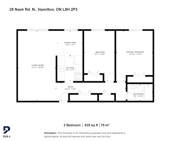 A floor plan for a 2 bedroom apartment sized at 835 square feet and 78 square meters.