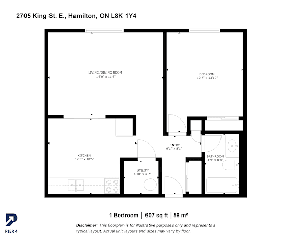 A black and white image of a floor plan for a one bedroom apartment.