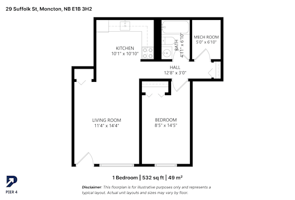 A floor plan for a 1 bedroom, 532 sq ft apartment.