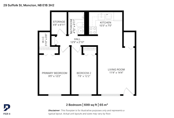 A floor plan for a 2 bedroom apartment at 29 Suffolk St, Moncton, NB E1B 3H2.