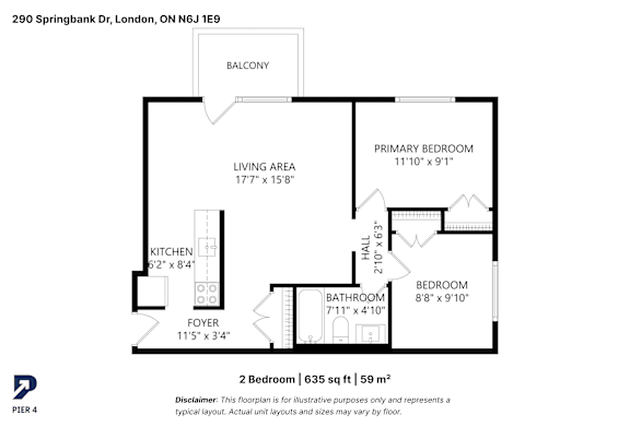 A black and white image of a floor plan for a 2 bedroom apartment.