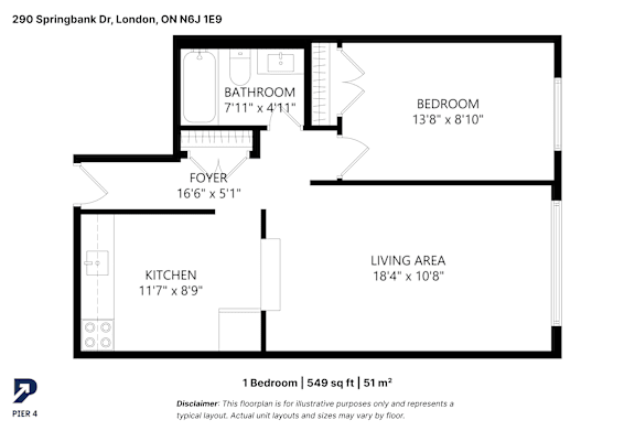A black and white image of a floor plan for a one bedroom apartment.