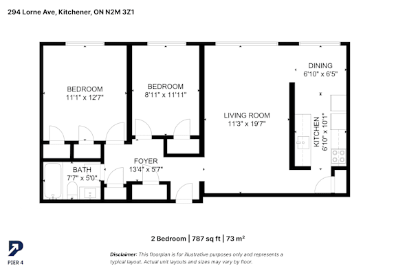 A black and white image of a floor plan for a two bedroom apartment.