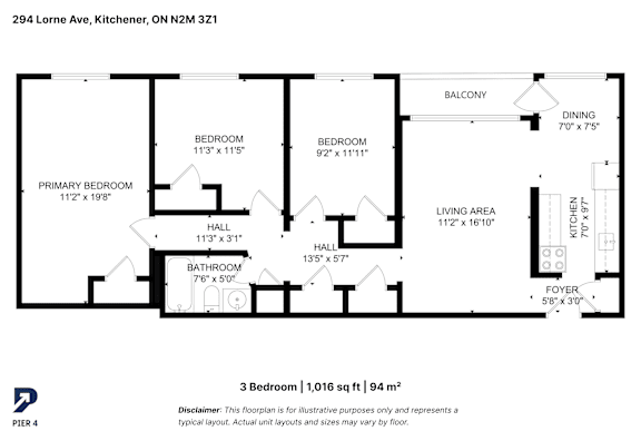 A floor plan for a 3 bedroom, 1,016 sq ft | 94 m2 property.