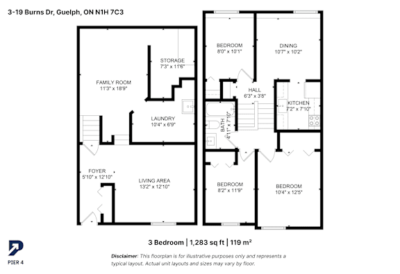 A floor plan for a 3 bedroom, 1,283 sq ft, 119 m2 property.