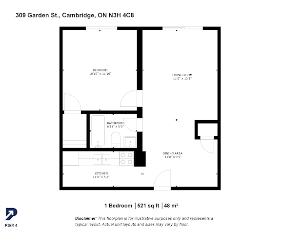 A black and white image of a floor plan for a one bedroom apartment.