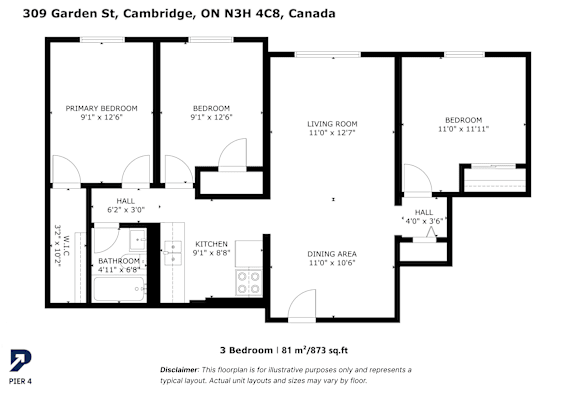 A black and white image of a 3 bedroom apartment layout.