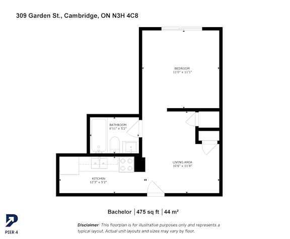 A floor plan for a Bachelor apartment at 309 Garden St., Cambridge, ON N3H 4C8.