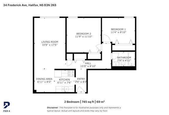 A black and white image of a floor plan for a 2 bedroom apartment.