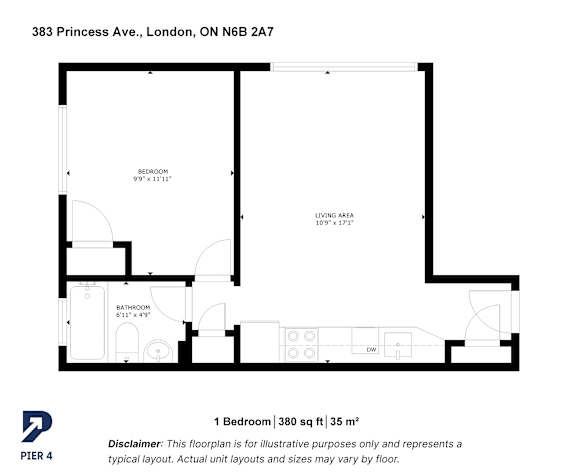 Floor plan for a one bedroom apartment at 383 Princess Ave, London.