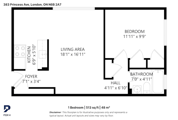 A floor plan for a 1 bedroom apartment at 383 Princess Ave, London, ON N6B 2A7.