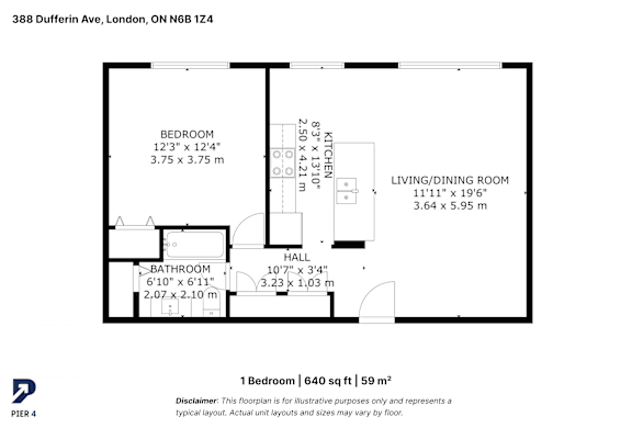 A floor plan for a 1 bedroom apartment of 640 sq ft (59 m2) is shown.