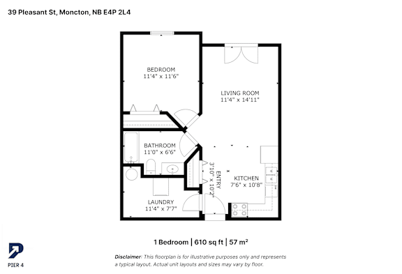 A floor plan for a one bedroom apartment is shown.