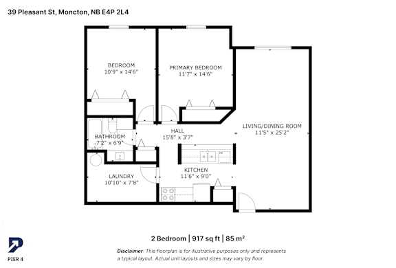 A black and white image of a floor plan for a two bedroom apartment.
