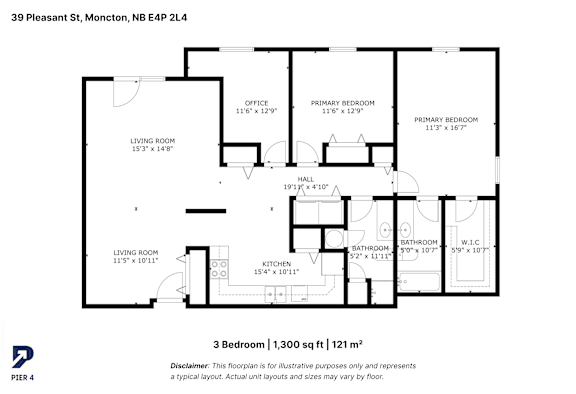 A black and white image of a 3 bedroom apartment layout.