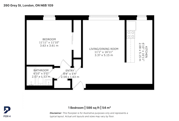 A black and white image of a floor plan for a 1 bedroom apartment.