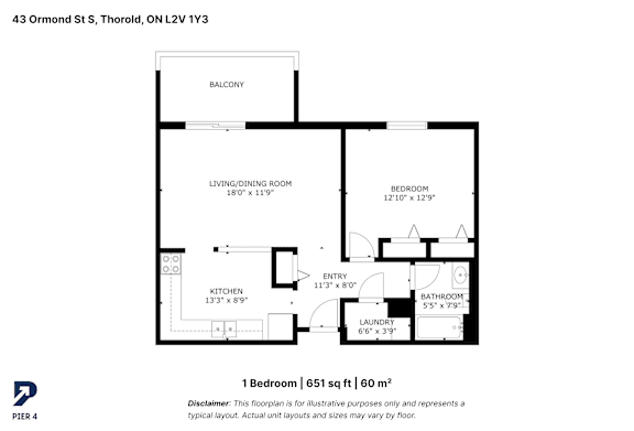 A black and white image of a floor plan for a one bedroom apartment.