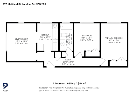 A black and white image of a floor plan for a 2 bedroom apartment.