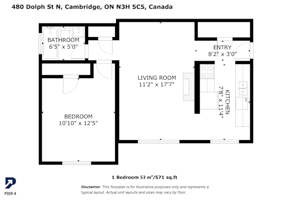A black and white image of a floor plan for a one bedroom apartment.