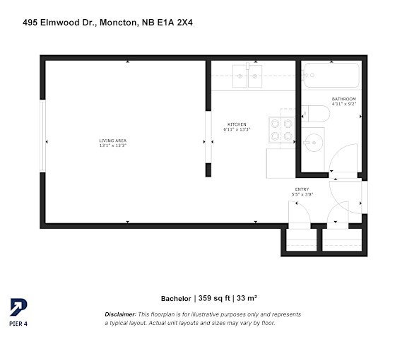 A floor plan for a Bachelor apartment at 495 Elmwood Dr., Moncton, NB E1A 2X4.