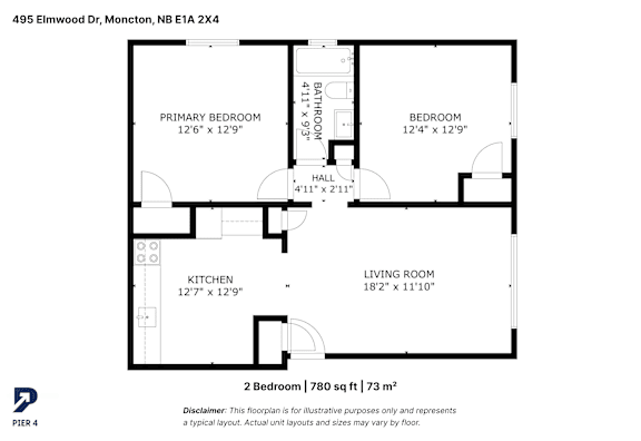 A floor plan for a two bedroom apartment measuring 780 sq ft / 73 m2.