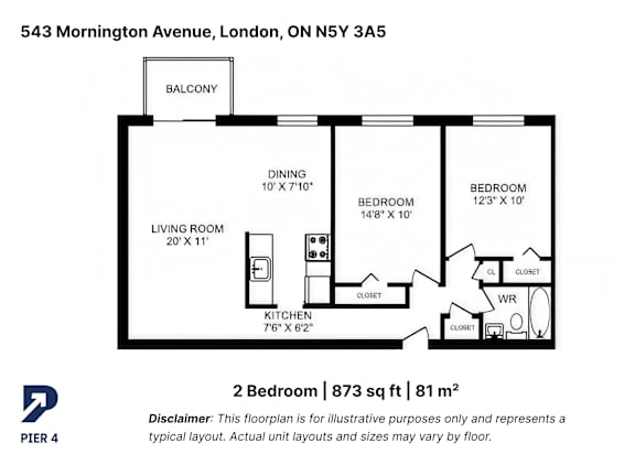 A black and white diagram of a 2 bedroom apartment.