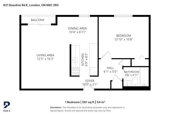 A black and white image of a floor plan for a one bedroom apartment.