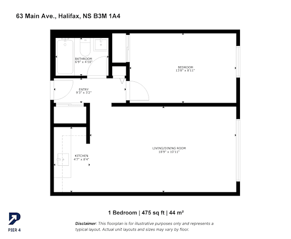 A floor plan for a 1 bedroom apartment at 63 Main Ave, Halifax, NS B3M 1A4.