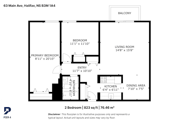 A floor plan for a 2 bedroom apartment at 63 Main Ave, Halifax, NS B3M 1A4.