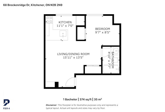 A floor plan for a 1 bedroom, 374 square feet, 35 square meter apartment.