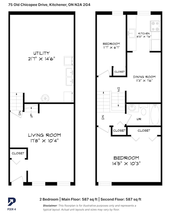 A floor plan for a two bedroom apartment with a living room, dining room, kitchen, and utility space.