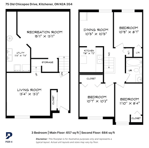A floor plan for a 3 bedroom home with a living room, dining room, kitchen, and two bedrooms.