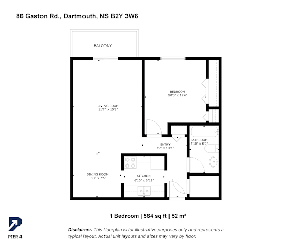 A floor plan for a one bedroom apartment at 86 Gaston Rd., Dartmouth, NS B2Y 3W6.